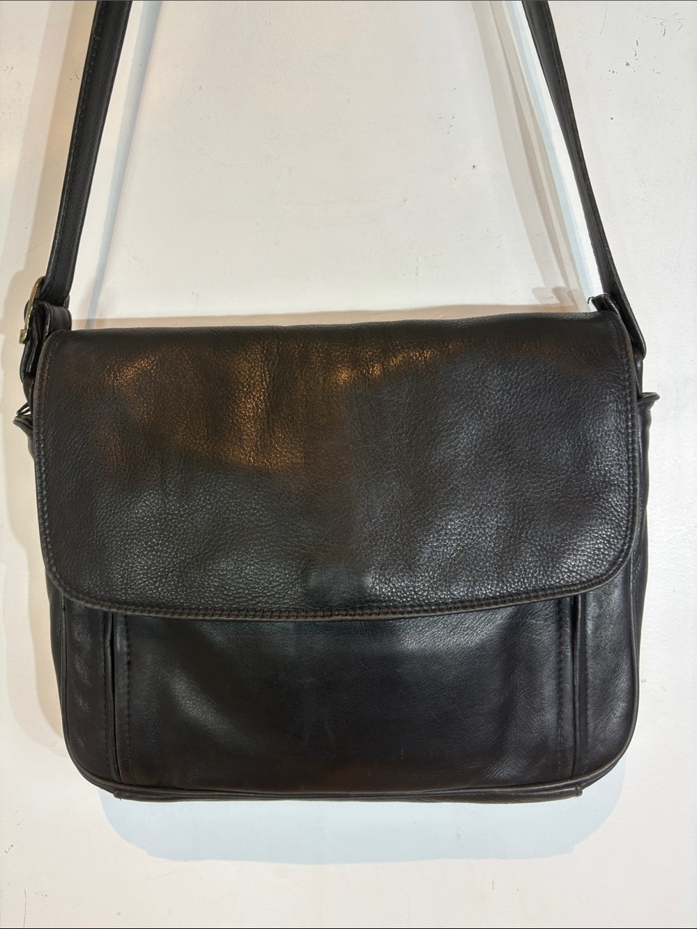 Vintage Derek Alexander Black Leather Crossbody Bag Flap Plaid Lined